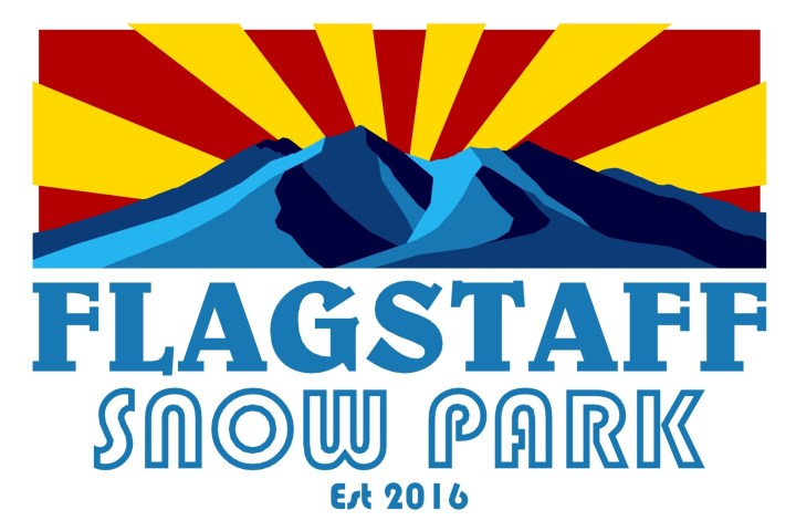 Flagstaff Snow Park logo with mountains and sun rays, established 2016.