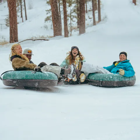 Three people enjoying snow tubing in a snowy forest setting.