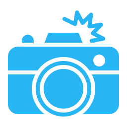 Blue camera icon with flash symbol on top.
